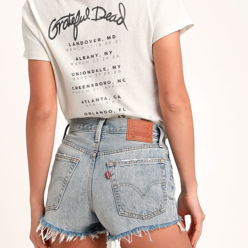 levis 501 light wash mid rise distressed denim cutoff shorts